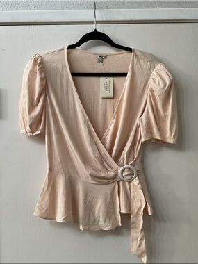GUESS Pale Blush Wrap Peplum Top with Ring Tie